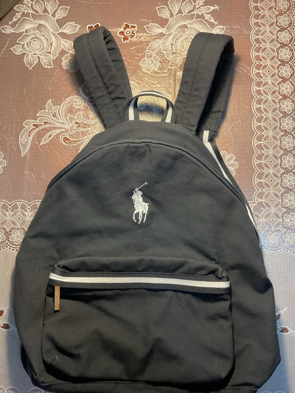 Ralph Lauren Black Canvas Backpack with White Pony and Striped Trim